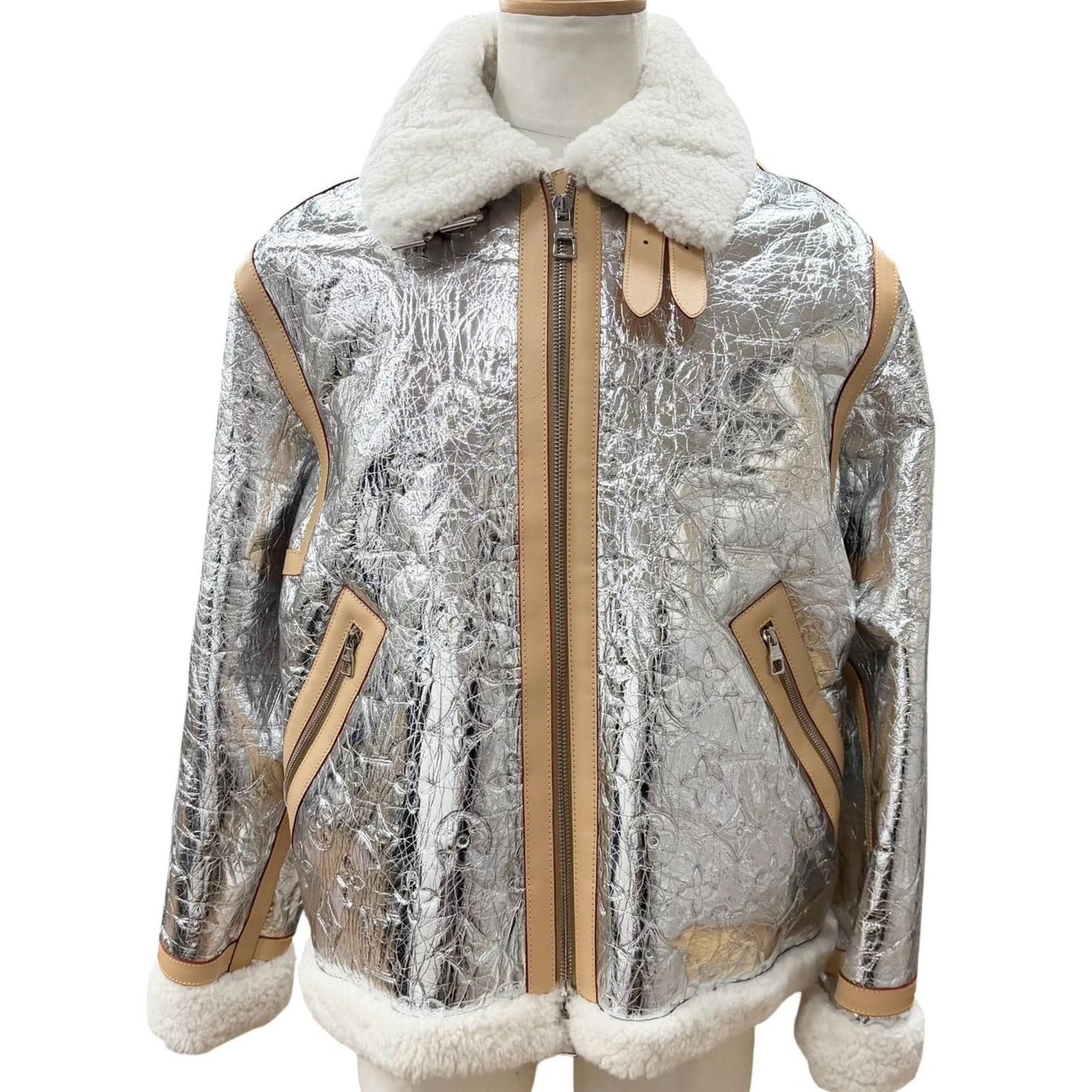 Louis Vuitton Lambskin Leather Monogram Mirror Shearling Double Zip Up Jacket
