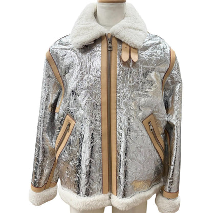 Louis Vuitton Lambskin Leather Monogram Mirror Shearling Double Zip Up Jacket
