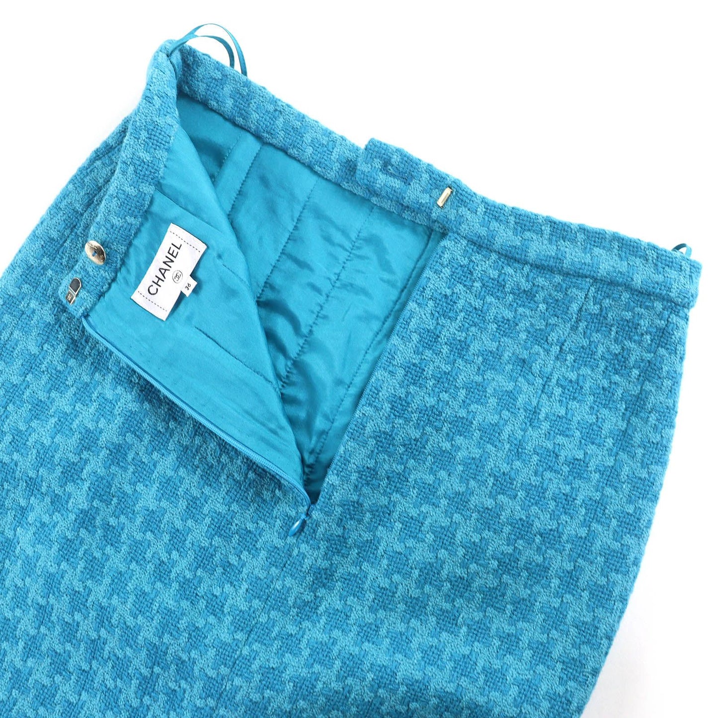 Chanel 19k Wool 100% CC Logo Flower Button Tweed Skirt Lining Blue 36 — view 4