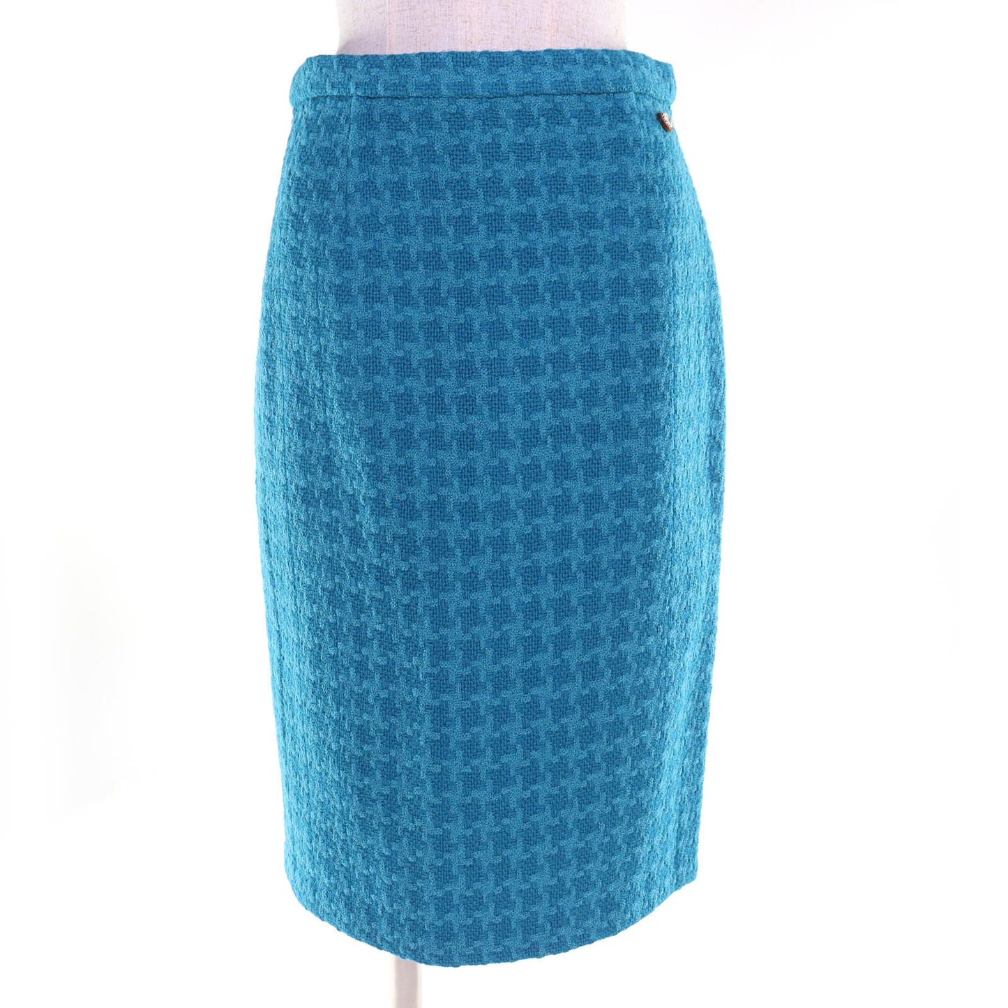 Chanel 19k Wool 100% CC Logo Flower Button Tweed Skirt Lining Blue 36