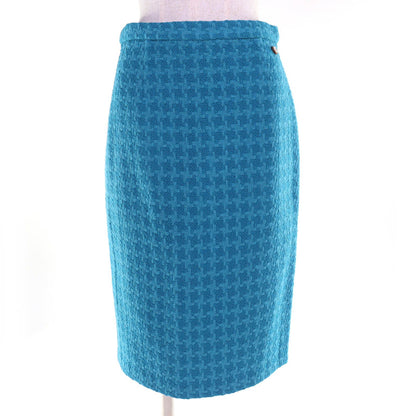 Chanel 19k Wool 100% CC Logo Flower Button Tweed Skirt Lining Blue 36