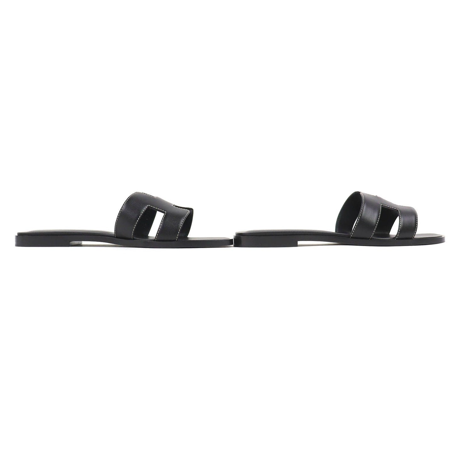 Hermes Oran Box Calf Leather Motif Flat Sandals Mules Black 38.5 Box — view 4