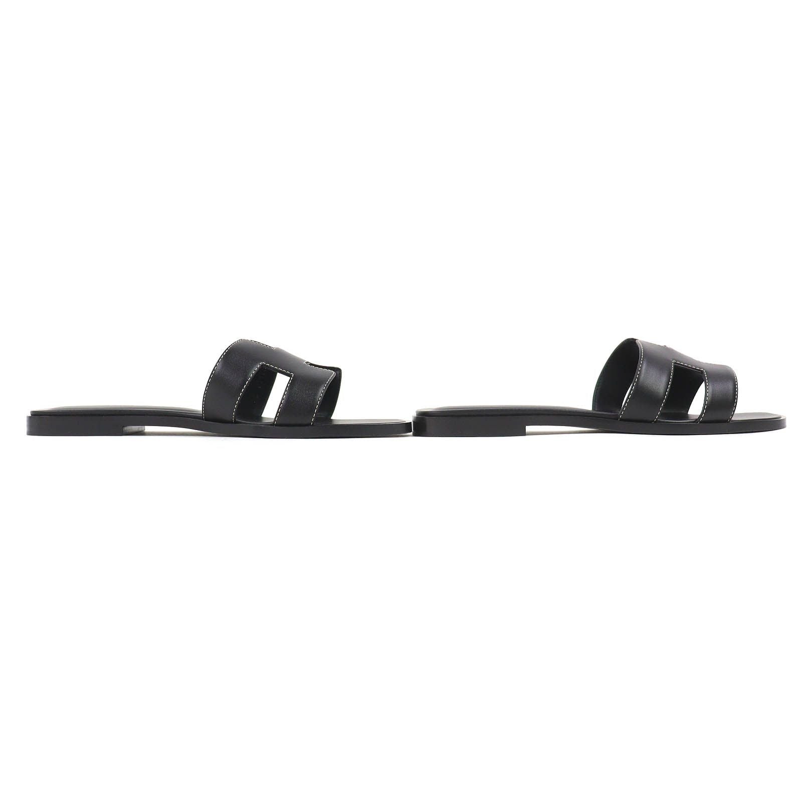 Hermes Oran Box Calf Leather Motif Flat Sandals Mules Black 38.5 Box — view 4