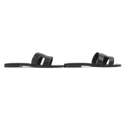 Hermes Oran Box Calf Leather Motif Flat Sandals Mules Black 38.5 Box — view 4