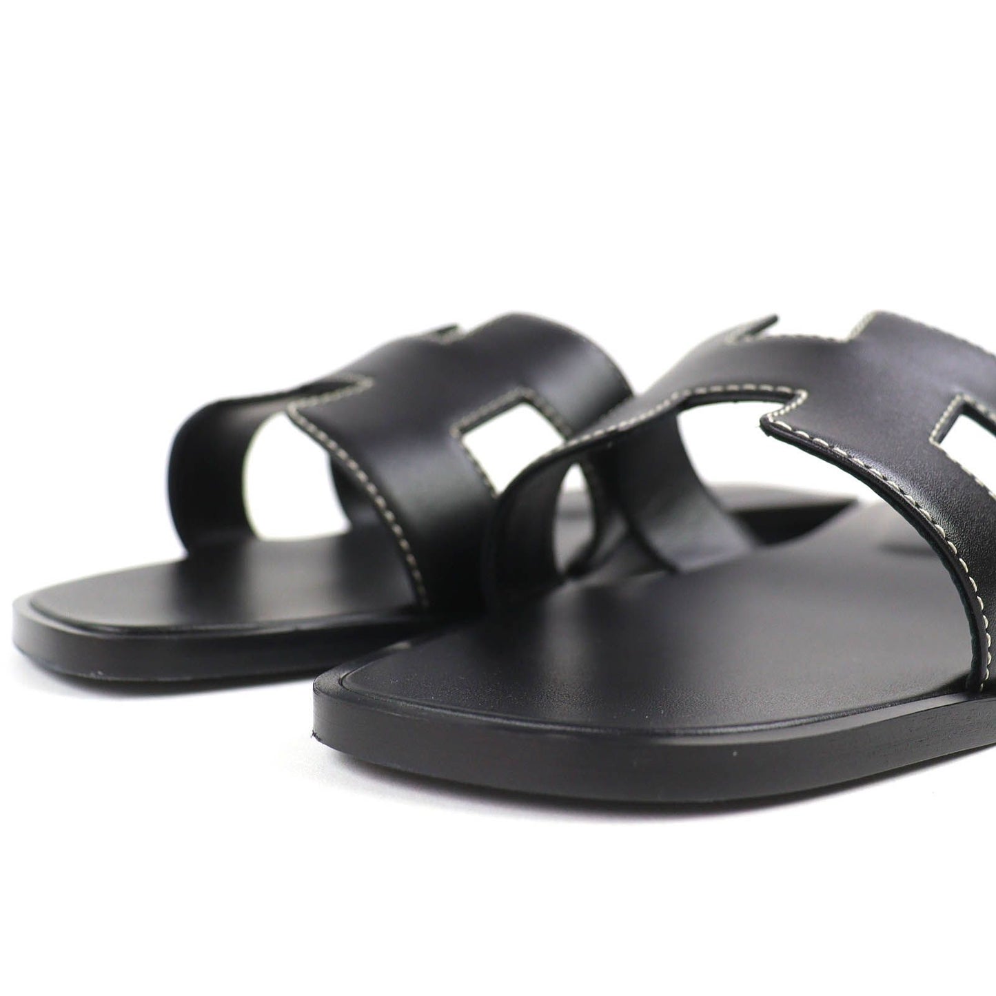Hermes Oran Box Calf Leather Motif Flat Sandals Mules Black 38.5 Box — view 5