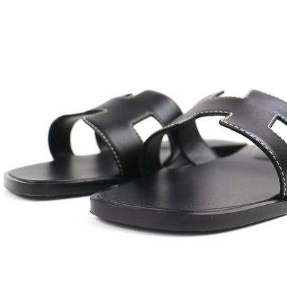 Hermes Oran Box Calf Leather Motif Flat Sandals Mules Black 38.5 Box — view 5