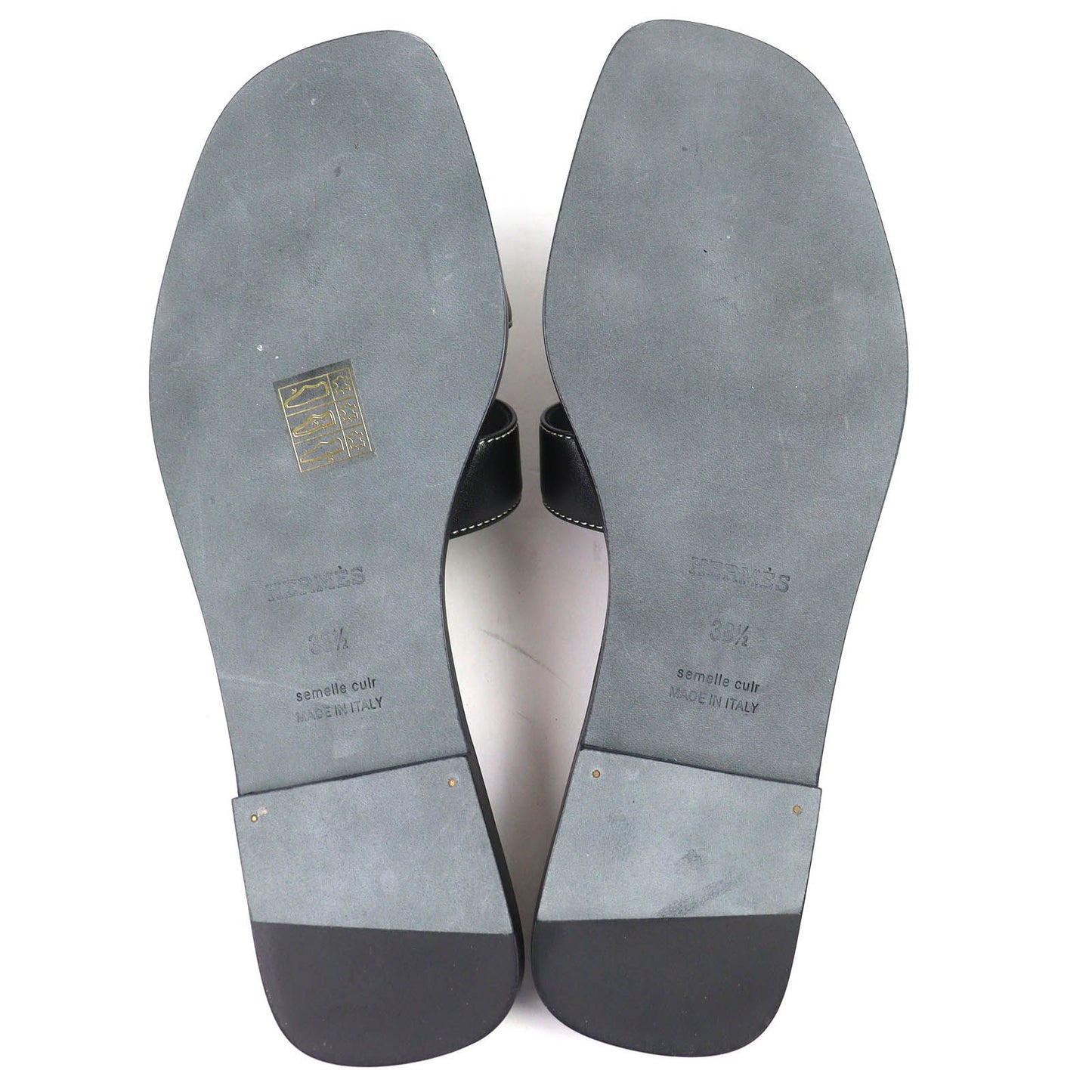 Hermes Oran Box Calf Leather Motif Flat Sandals Mules Black 38.5 Box — view 8
