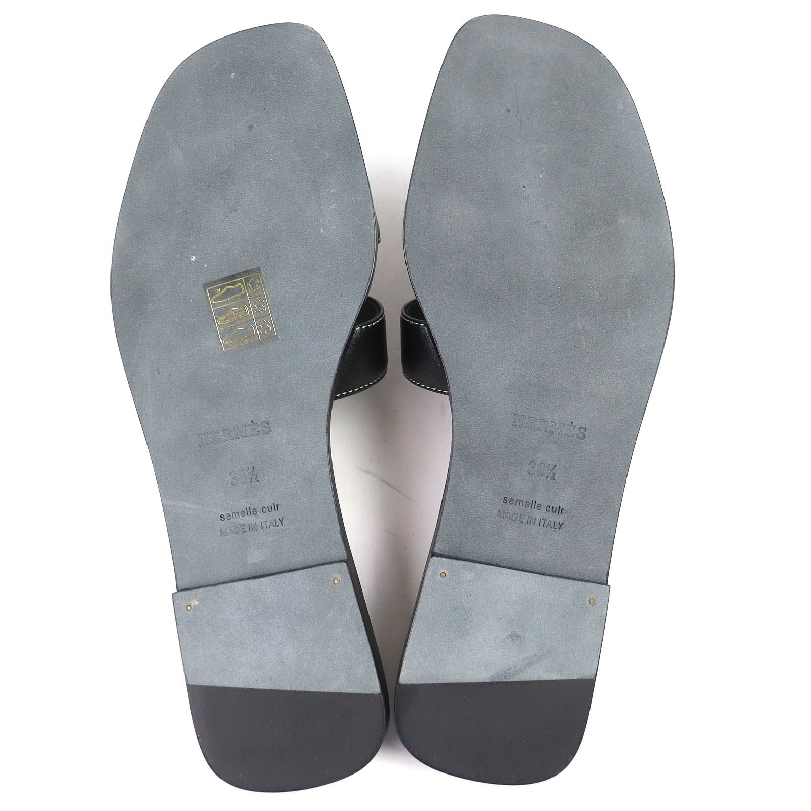 Hermes Oran Box Calf Leather Motif Flat Sandals Mules Black 38.5 Box — view 8