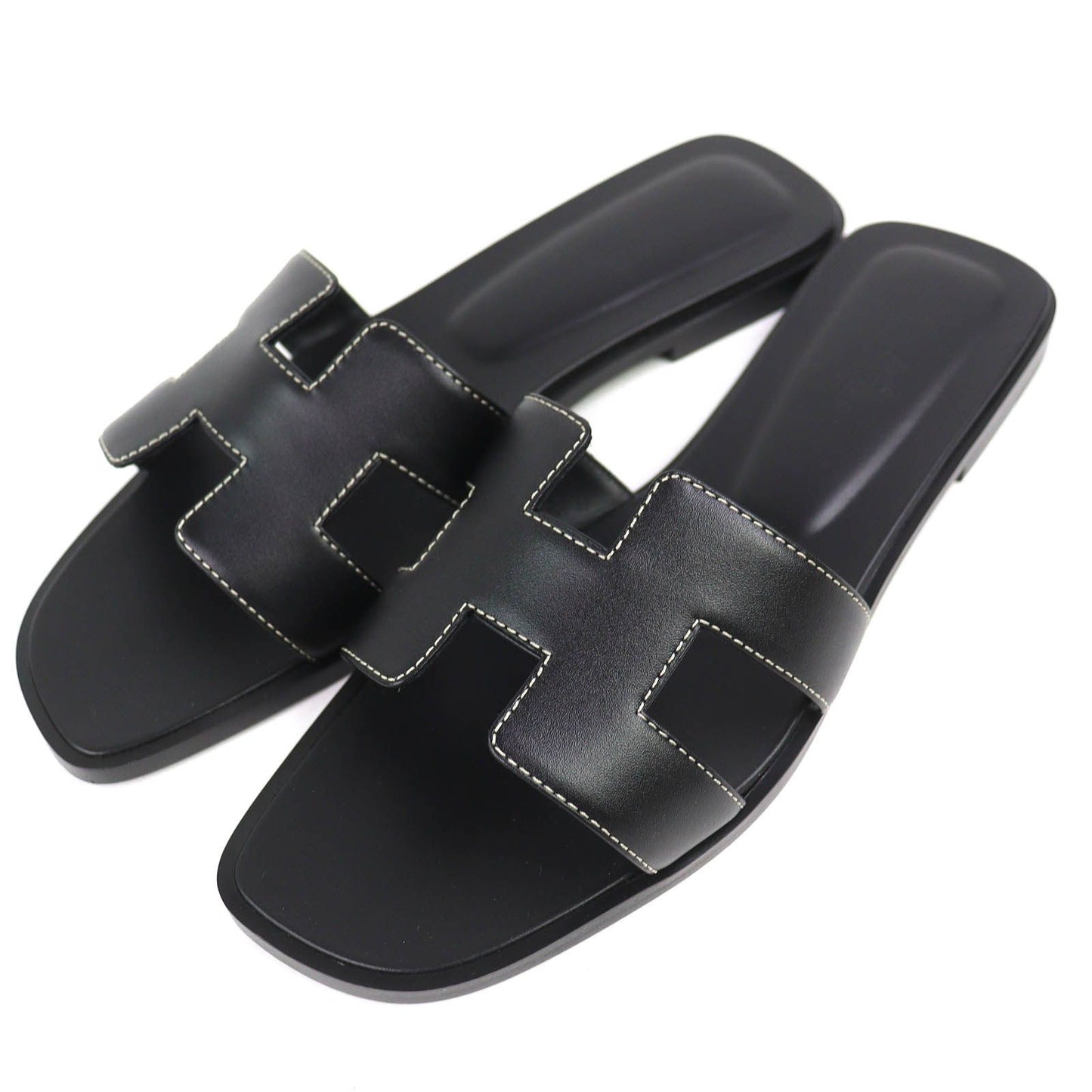 Hermes Oran Box Calf Leather Motif Flat Sandals Mules Black 38.5 Box