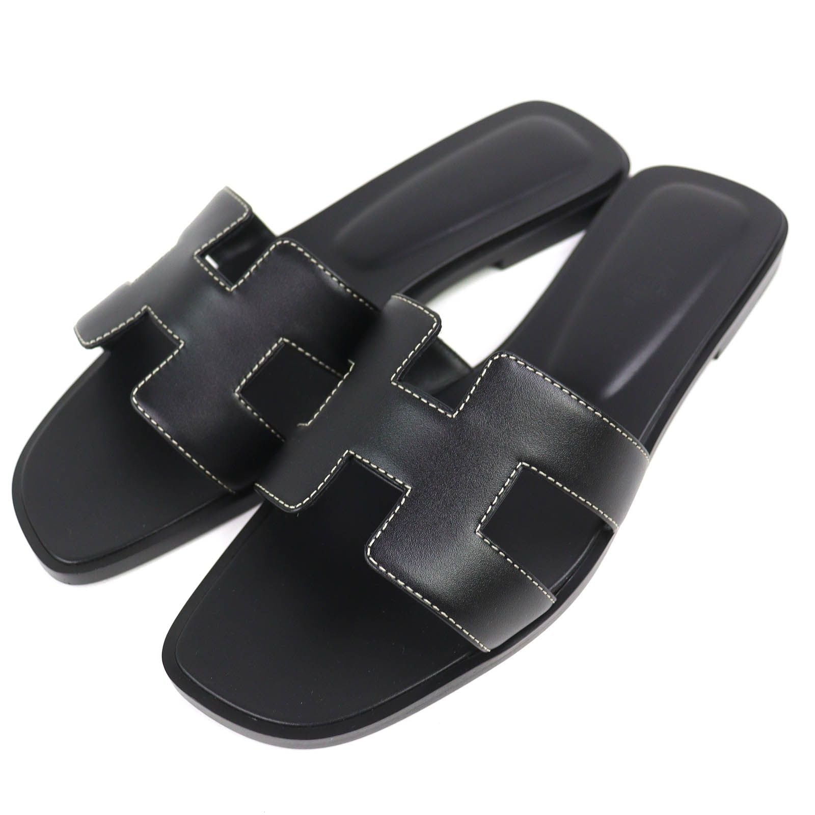 Hermes Oran Box Calf Leather Motif Flat Sandals Mules Black 38.5 Box