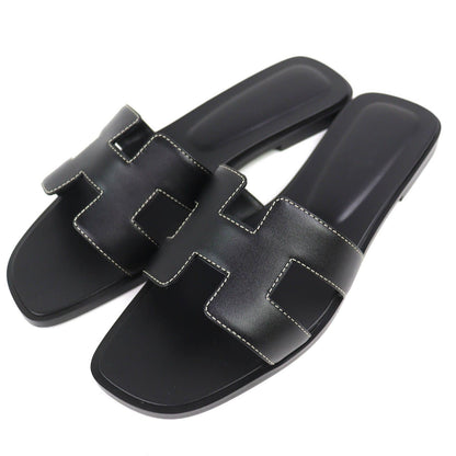 Hermes Oran Box Calf Leather Motif Flat Sandals Mules Black 38.5 Box
