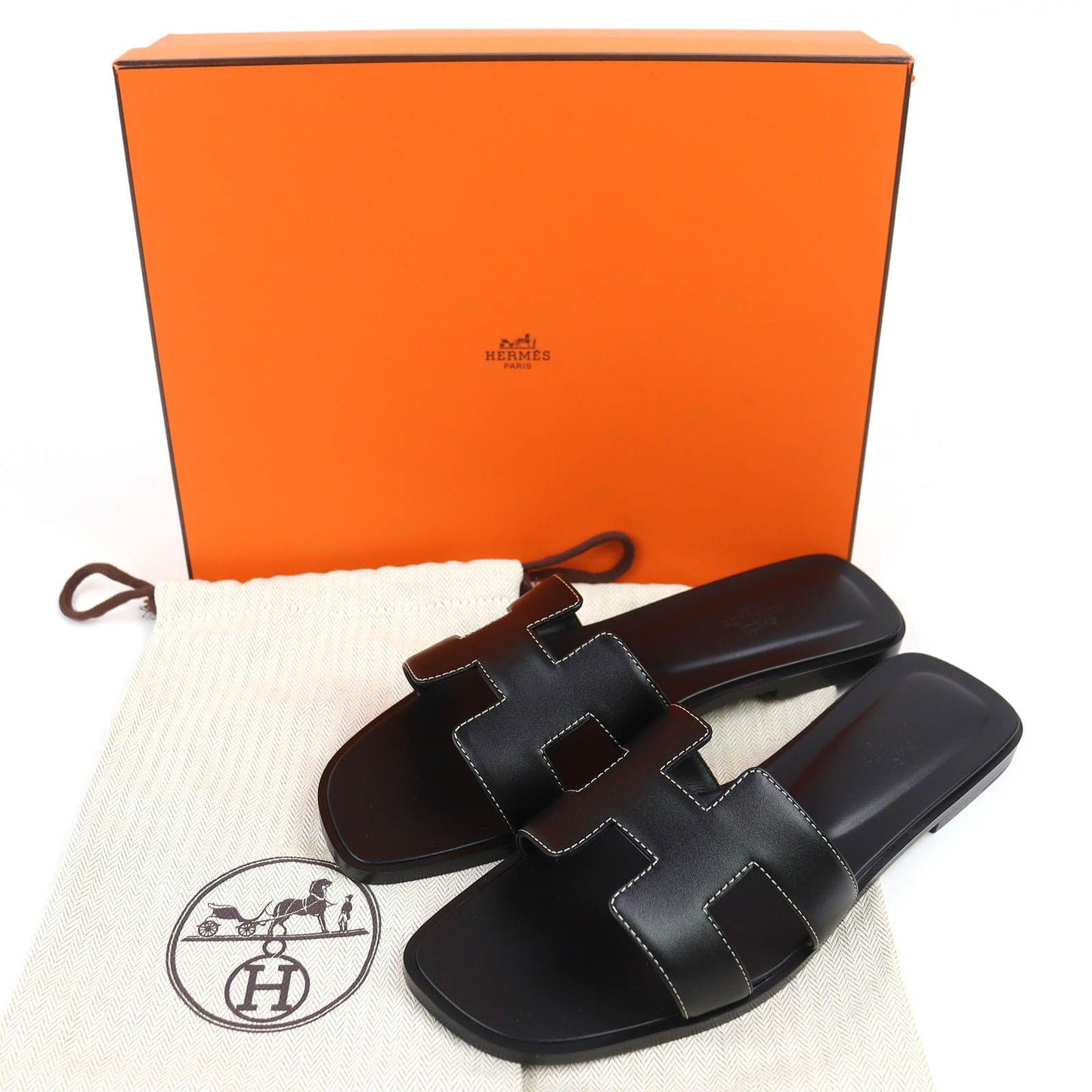 Hermes Oran Box Calf Leather Motif Flat Sandals Mules Black 38.5 Box — view 2