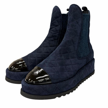 Chanel CC Logo Quilted Side Gore Suede Leather Short Boots Navy