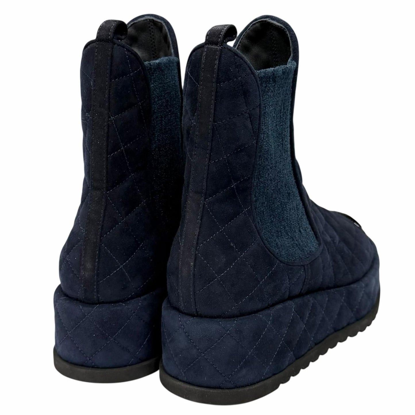 Chanel CC Logo Quilted Side Gore Suede Leather Short Boots Navy — view 3