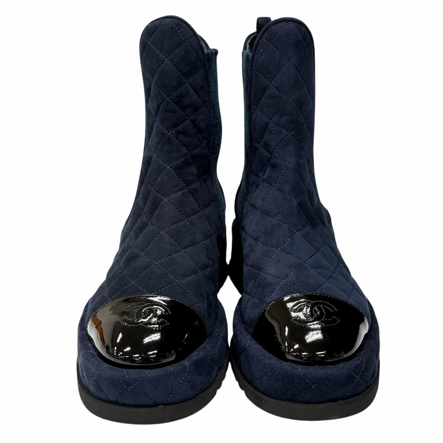 Chanel CC Logo Quilted Side Gore Suede Leather Short Boots Navy — view 4