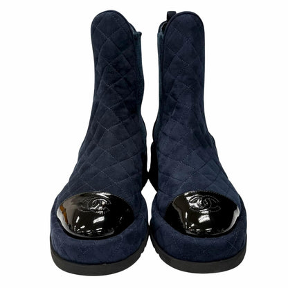 Chanel CC Logo Quilted Side Gore Suede Leather Short Boots Navy — view 4
