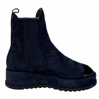 Chanel CC Logo Quilted Side Gore Suede Leather Short Boots Navy — view 6