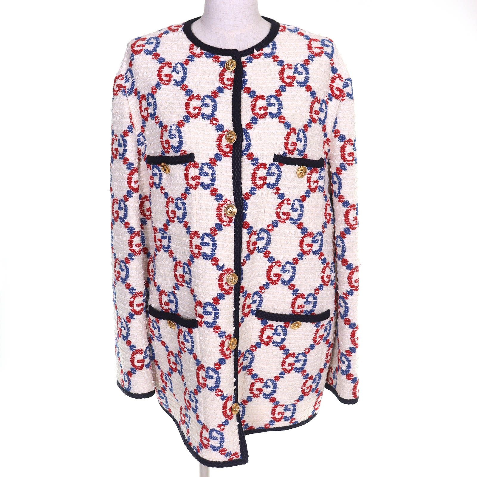 Gucci Cotton Interlocking Metal Button GG Tweed Collarless Jacket White Red