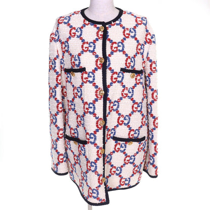 Gucci Cotton Interlocking Metal Button GG Tweed Collarless Jacket White Red