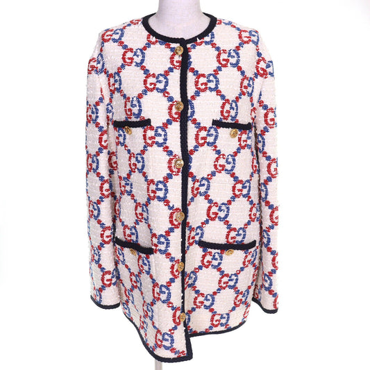 Gucci Cotton Interlocking Metal Button GG Tweed Collarless Jacket White Red