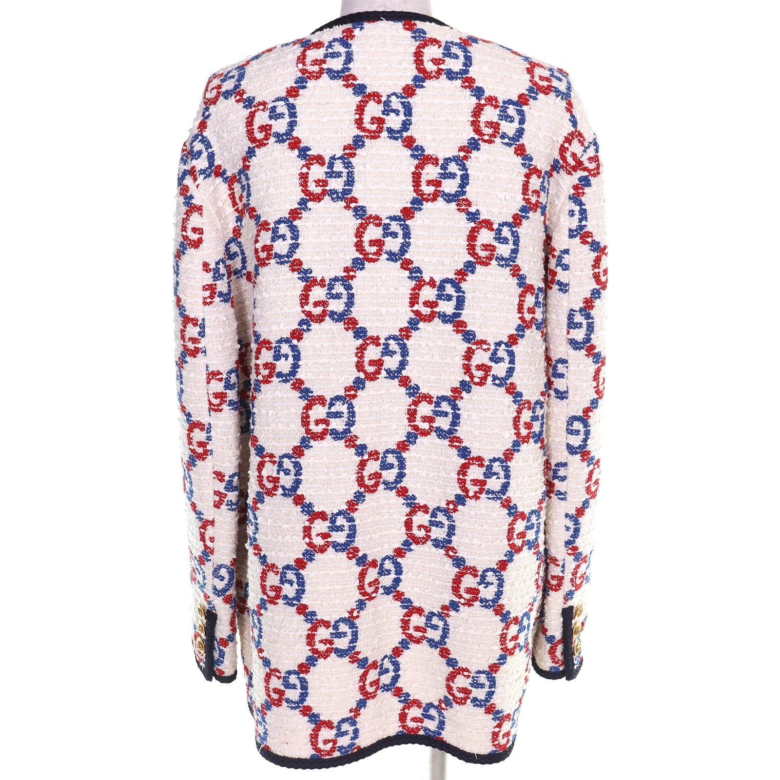 Gucci Cotton Interlocking Metal Button GG Tweed Collarless Jacket White Red — view 4