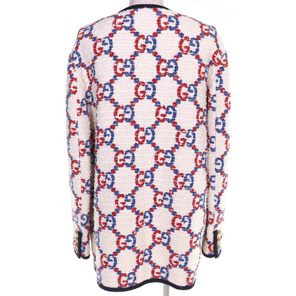 Gucci Cotton Interlocking Metal Button GG Tweed Collarless Jacket White Red — view 4