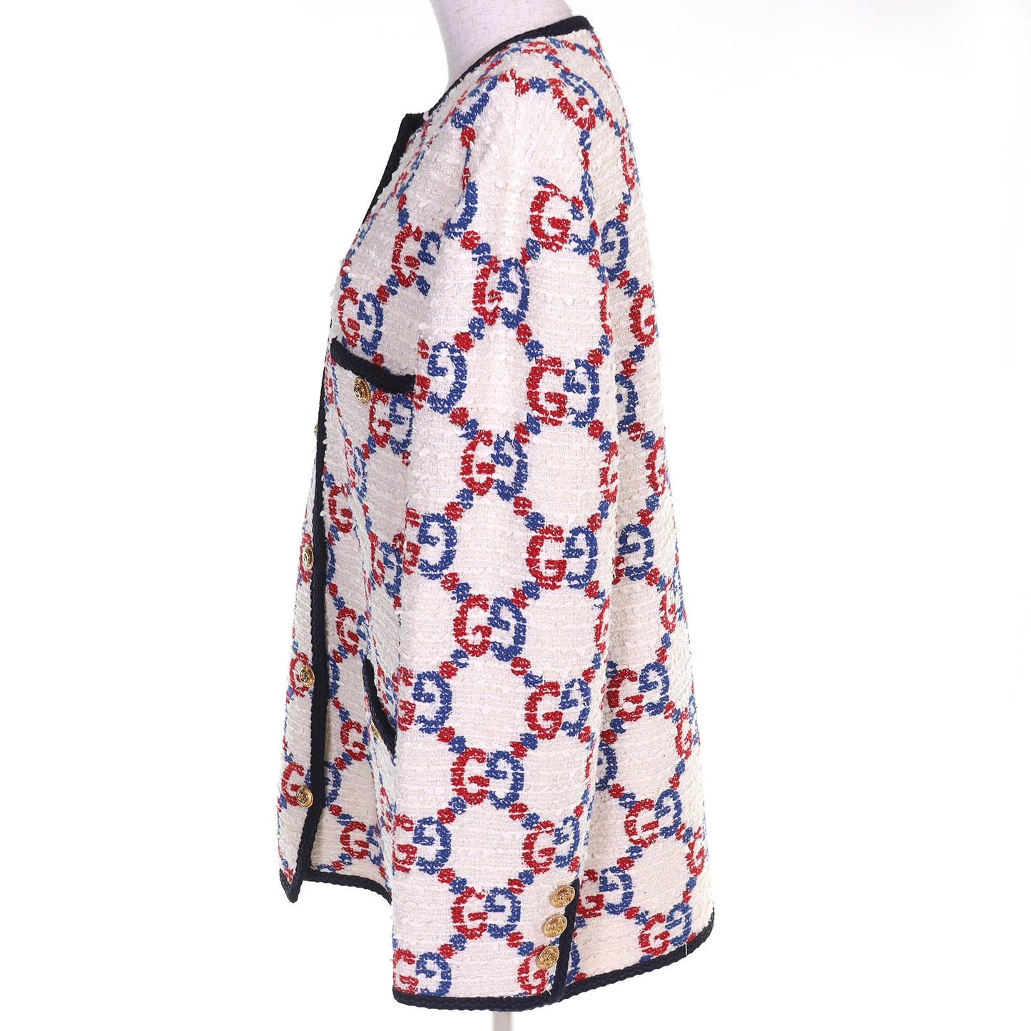 Gucci Cotton Interlocking Metal Button GG Tweed Collarless Jacket White Red — view 3