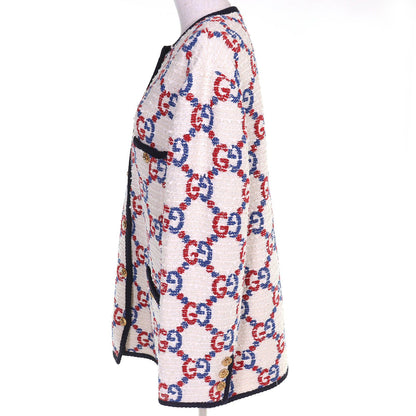 Gucci Cotton Interlocking Metal Button GG Tweed Collarless Jacket White Red — view 3