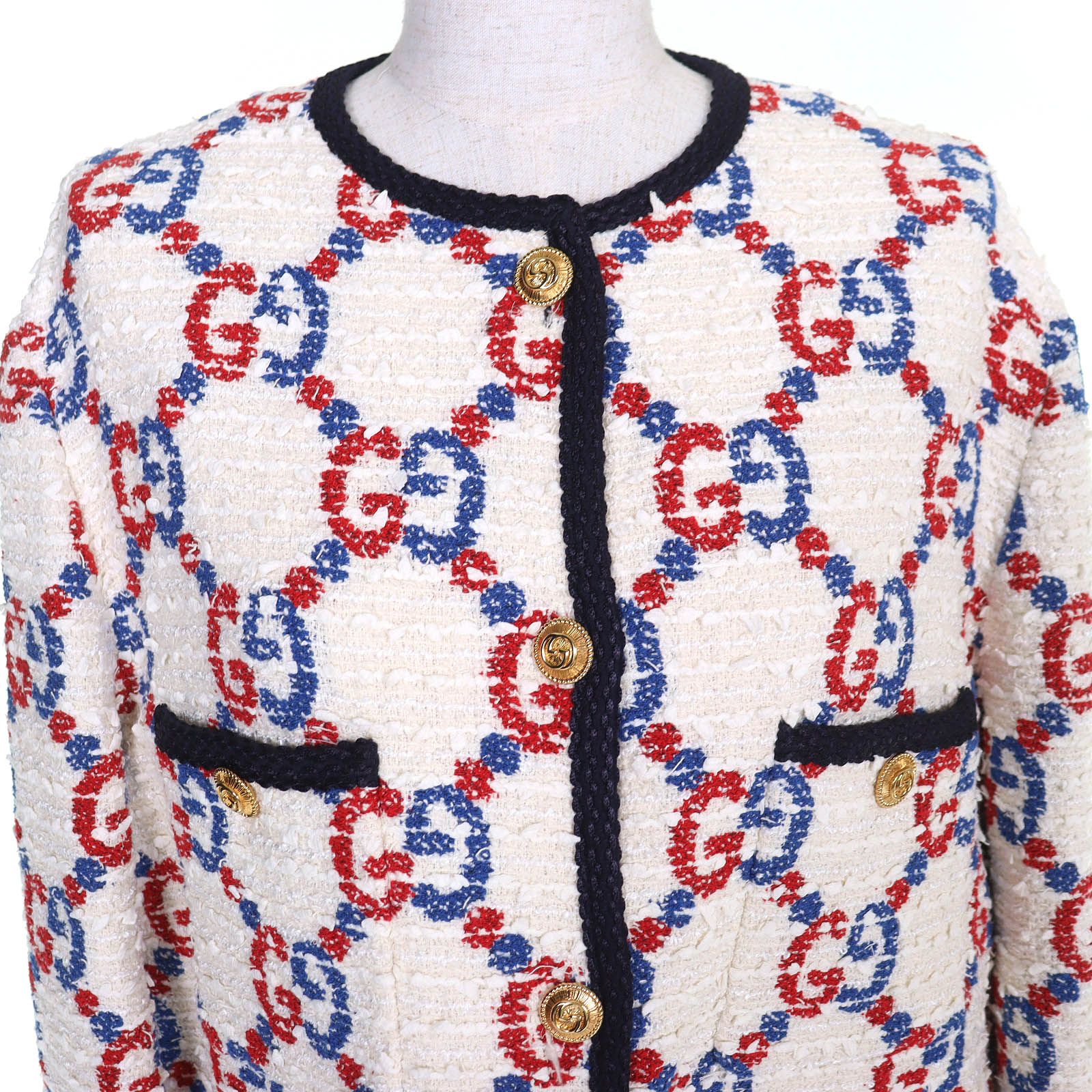 Gucci Cotton Interlocking Metal Button GG Tweed Collarless Jacket White Red — view 2
