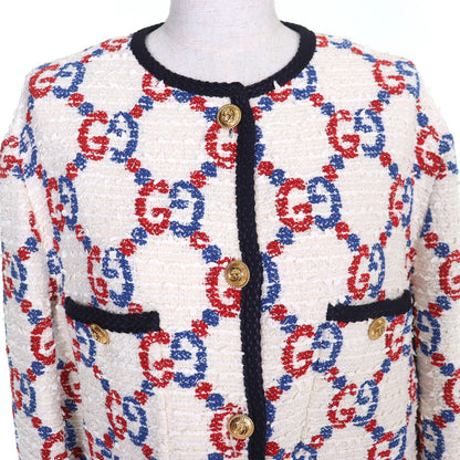 Gucci Cotton Interlocking Metal Button GG Tweed Collarless Jacket White Red — view 2