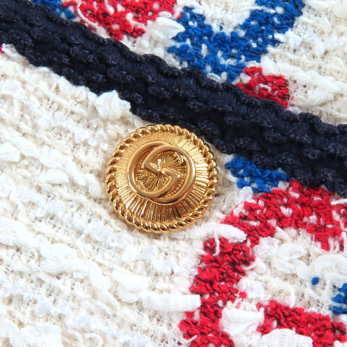 Gucci Cotton Interlocking Metal Button GG Tweed Collarless Jacket White Red — view 6