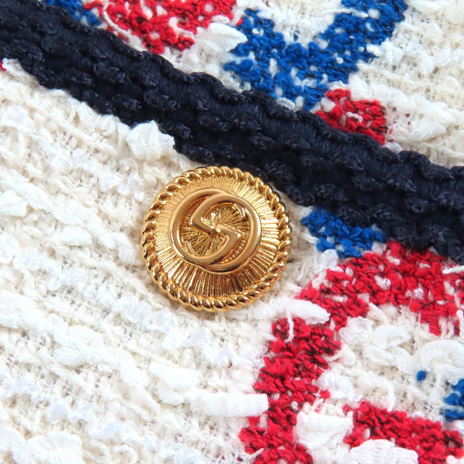 Gucci Cotton Interlocking Metal Button GG Tweed Collarless Jacket White Red — view 6