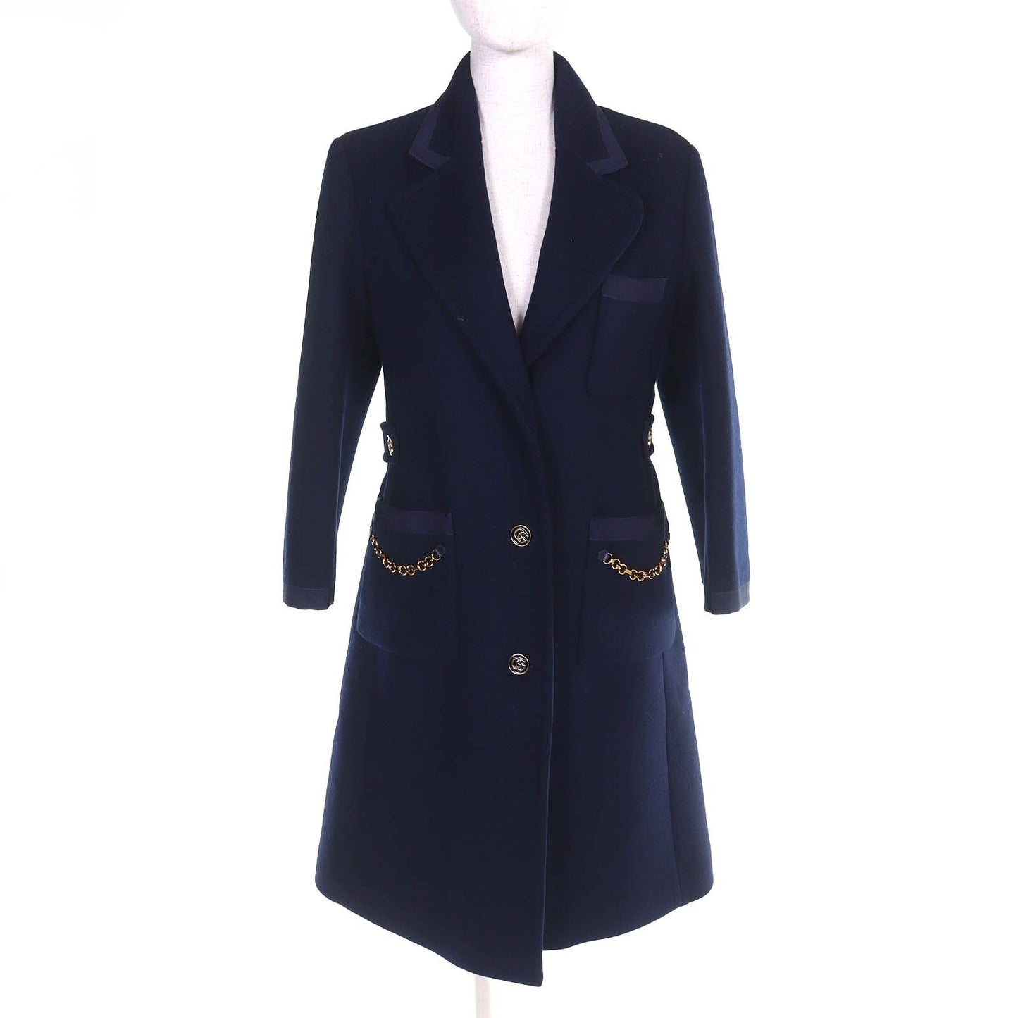Gucci GG Chain with Buttons Wool Long Coat Navy 38 Hanger