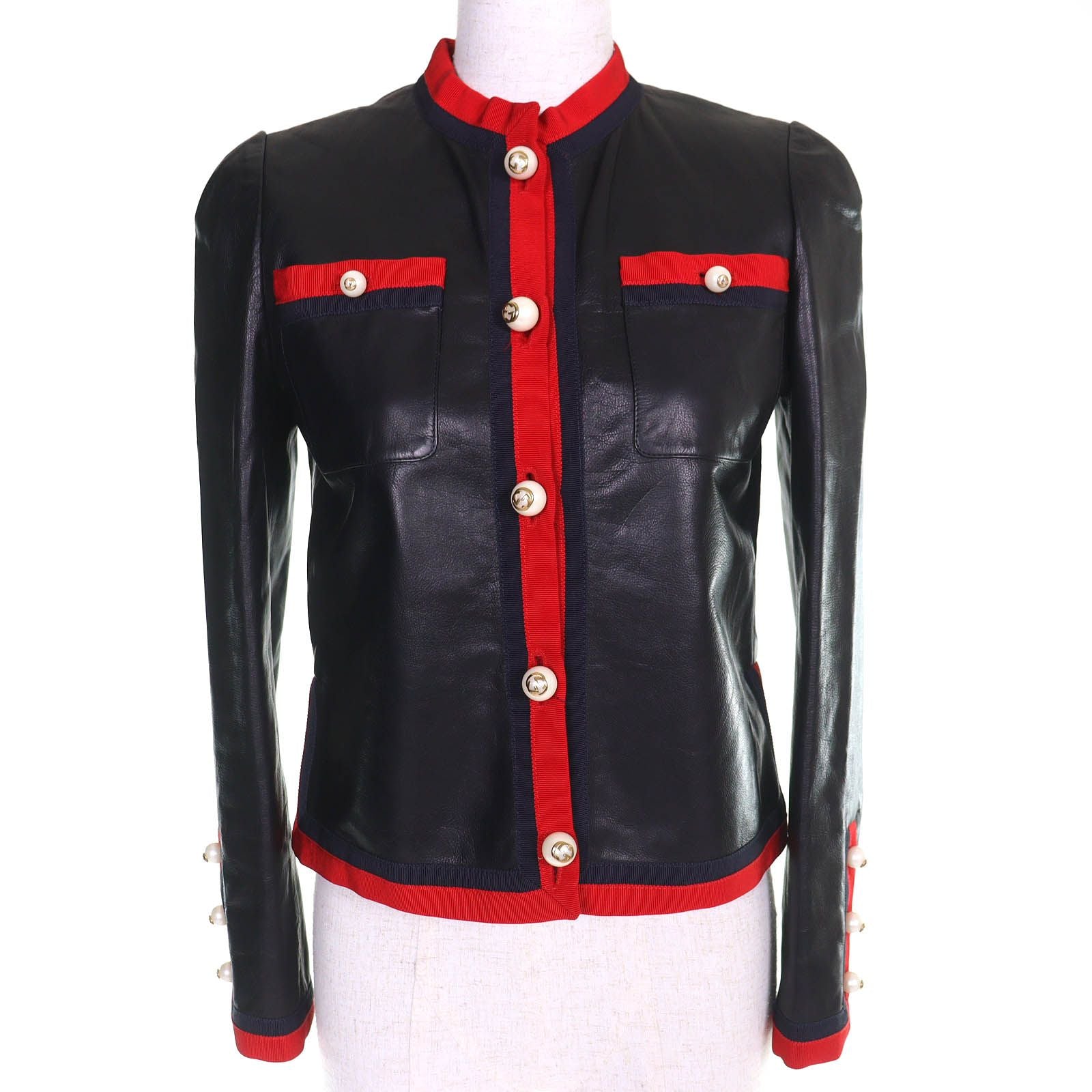 Gucci Lining Allover Pattern GG Pearl Buttoned No Leather Jacket Black Red 36