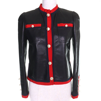 Gucci Lining Allover Pattern GG Pearl Buttoned No Leather Jacket Black Red 36