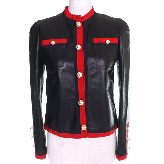 Gucci Lining Allover Pattern GG Pearl Buttoned No Leather Jacket Black Red 36
