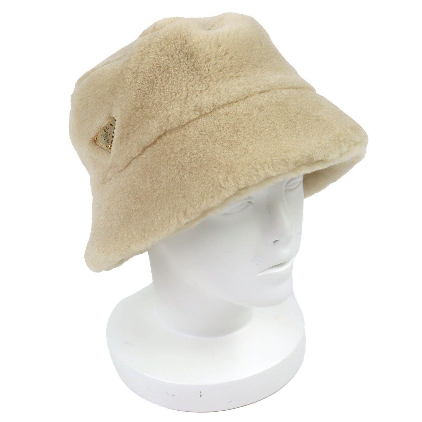Prada Triangle Logo Plate Sheepskin Dyed Fur Bucket Hat Beige Gold S Recommended