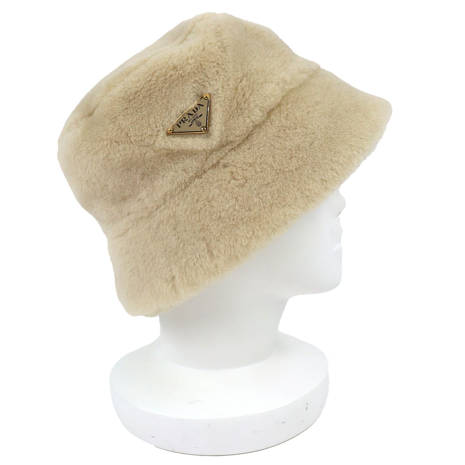 Prada Triangle Logo Plate Sheepskin Dyed Fur Bucket Hat Beige Gold S Recommended — view 3