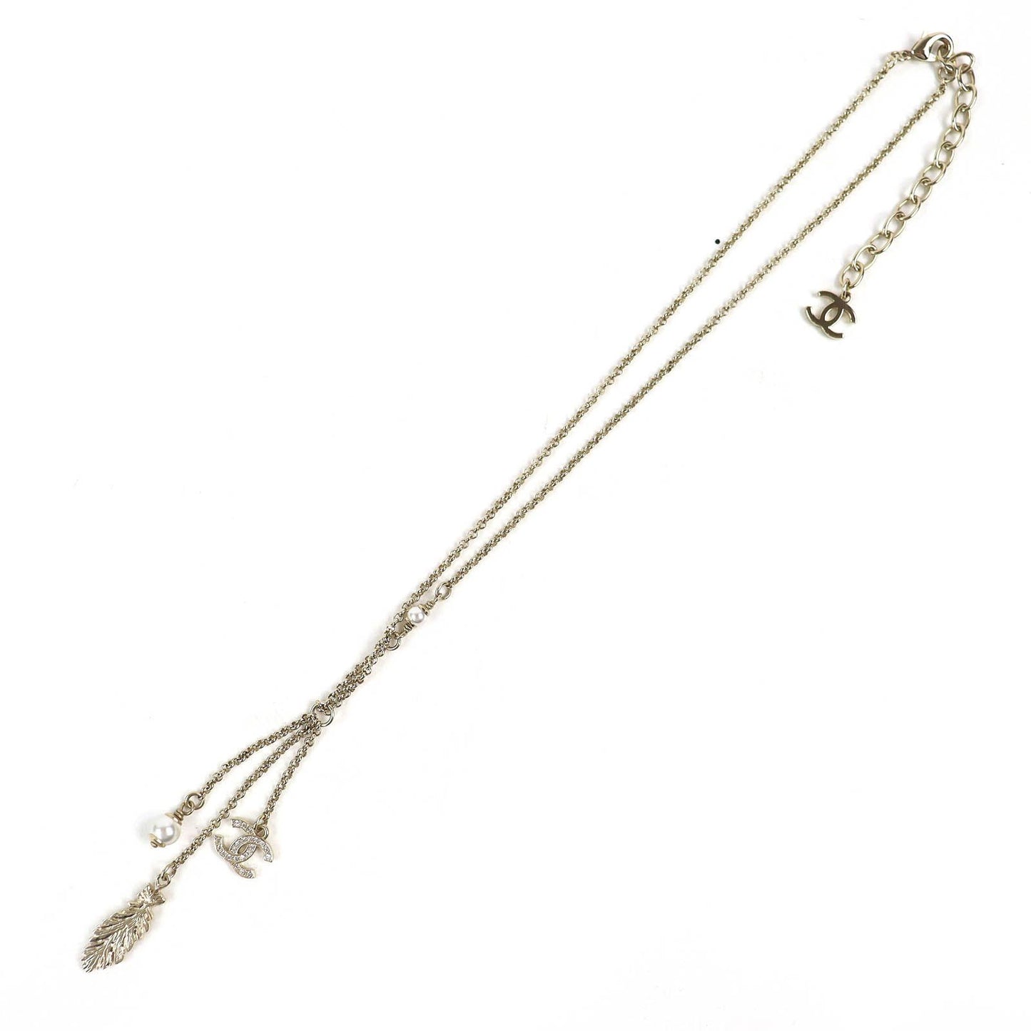 Chanel CC Logo Feather Pearl Strass Necklace Gold — view 3