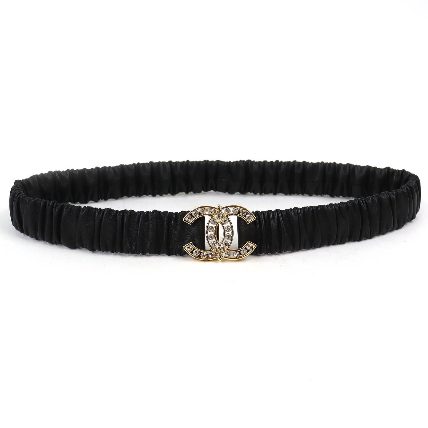 Chanel CC Logo Line Stone Buckle Leather Rubber Belt Black Gold