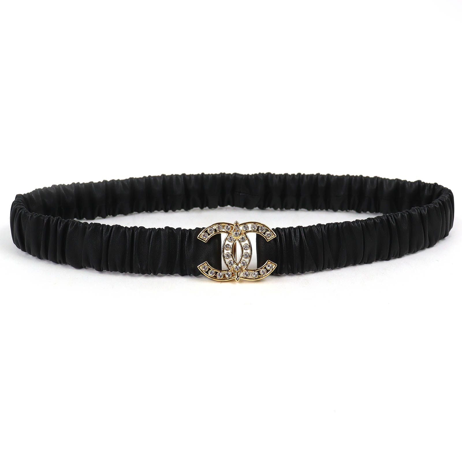 Chanel CC Logo Line Stone Buckle Leather Rubber Belt Black Gold