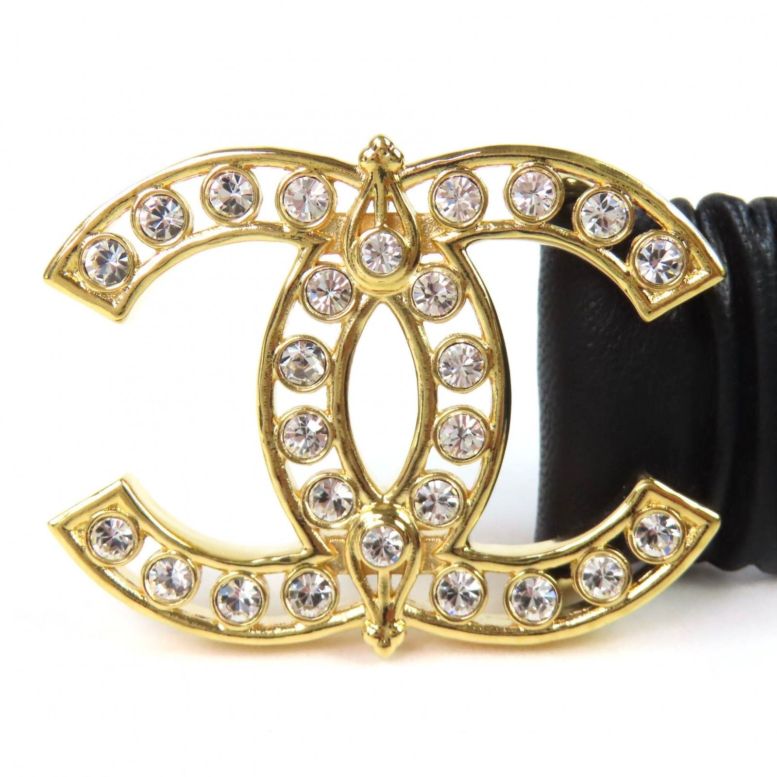 Chanel CC Logo Line Stone Buckle Leather Rubber Belt Black Gold — view 2
