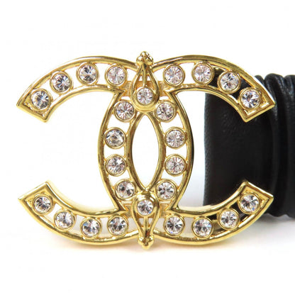 Chanel CC Logo Line Stone Buckle Leather Rubber Belt Black Gold — view 2