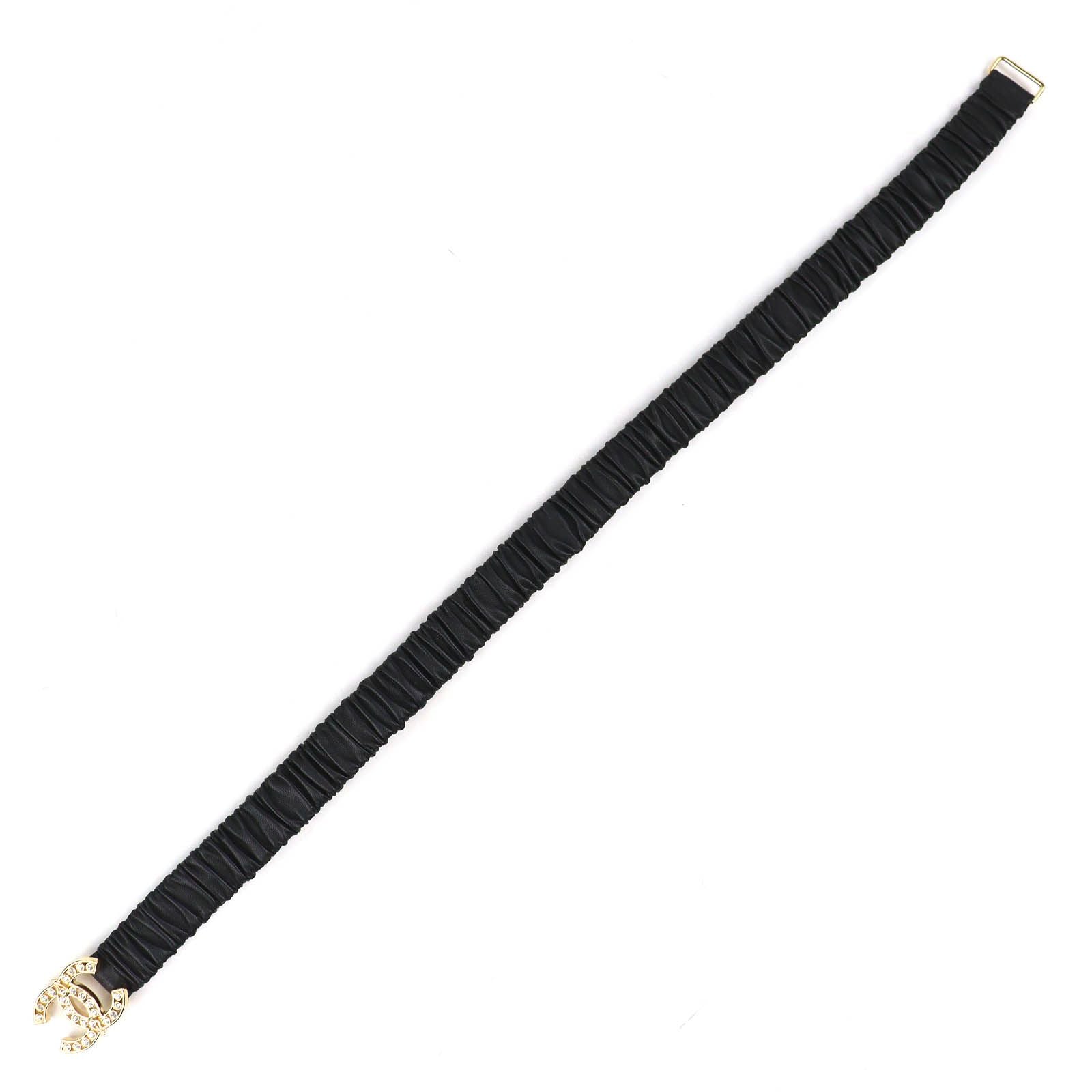 Chanel CC Logo Line Stone Buckle Leather Rubber Belt Black Gold — view 3