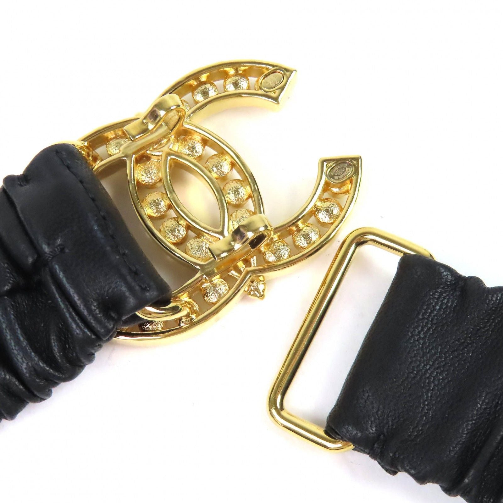 Chanel CC Logo Line Stone Buckle Leather Rubber Belt Black Gold — view 5