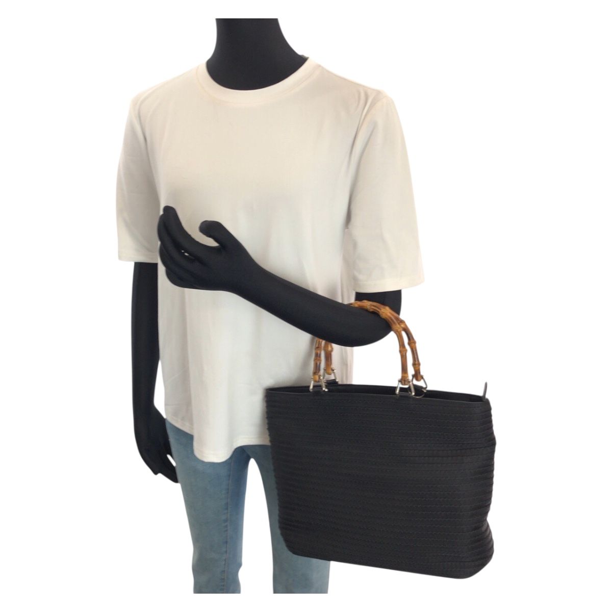 Gucci Vintage Bamboo Black Silver Nylon Tote — view 7