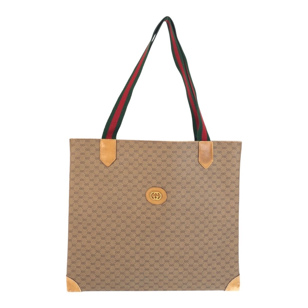 Gucci Vintage Sherry Line Micro GG Beige Green Supreme Canvas Tote Shoulder Bag