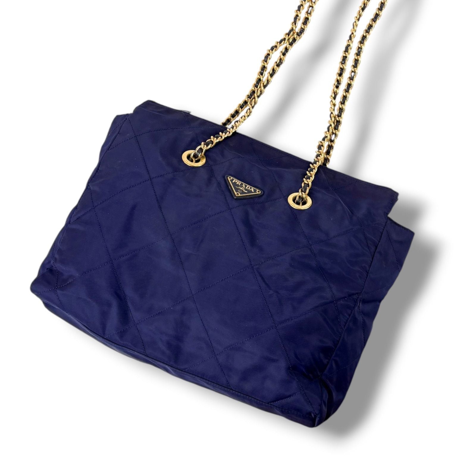 Prada Quilted Triangle Logo Chain Shoulder Bag Tote Navy Tessuto