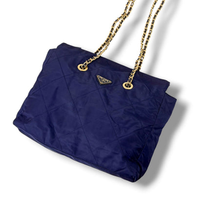 Prada Quilted Triangle Logo Chain Shoulder Bag Tote Navy Tessuto