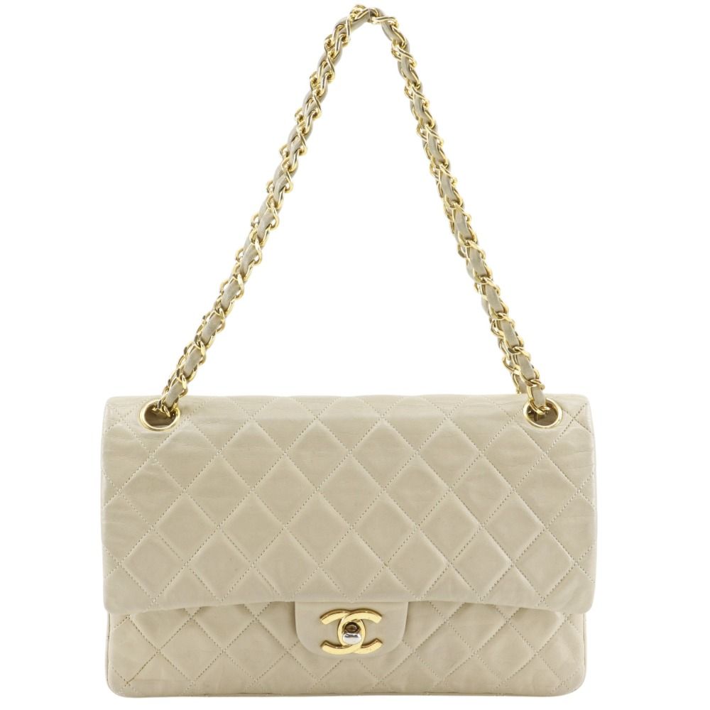 Chanel Chain Shoulder Quilted 25 Double Flap Lambskin Beige Bag